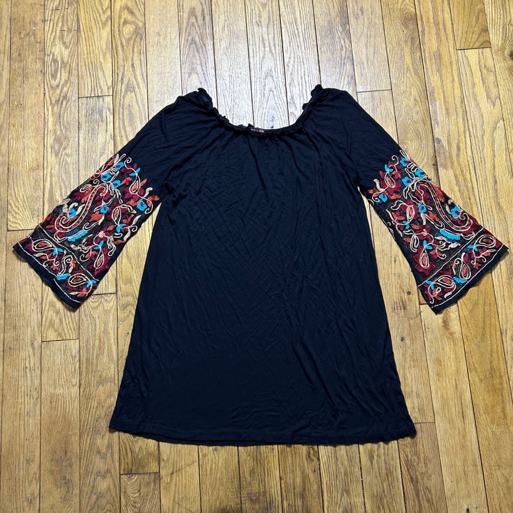 Scully Black Embroidered Bell Sleeve Boho Tunic Top Large Viscose Scoop Neck